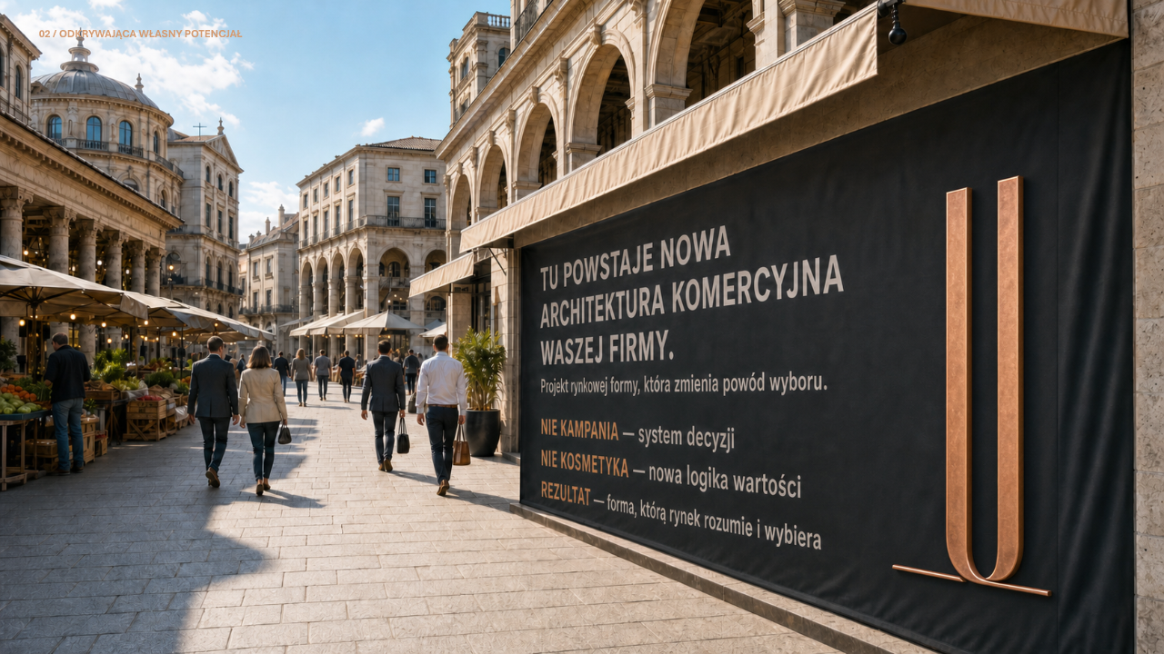 Miedziany znak JL na banerze architektury komercyjnej